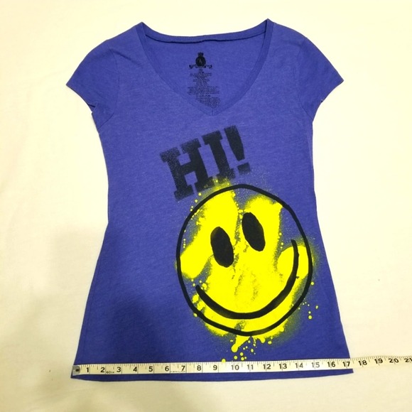SMILEY Hi! BYE! T-shirt Womens Juniors M/M 7/9 Cap Sleeve Tee Blue - Picture 5 of 8